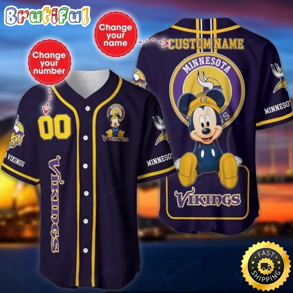Personalized NFL Minnesota Vikings Baseball Jersey Mickey Mouse